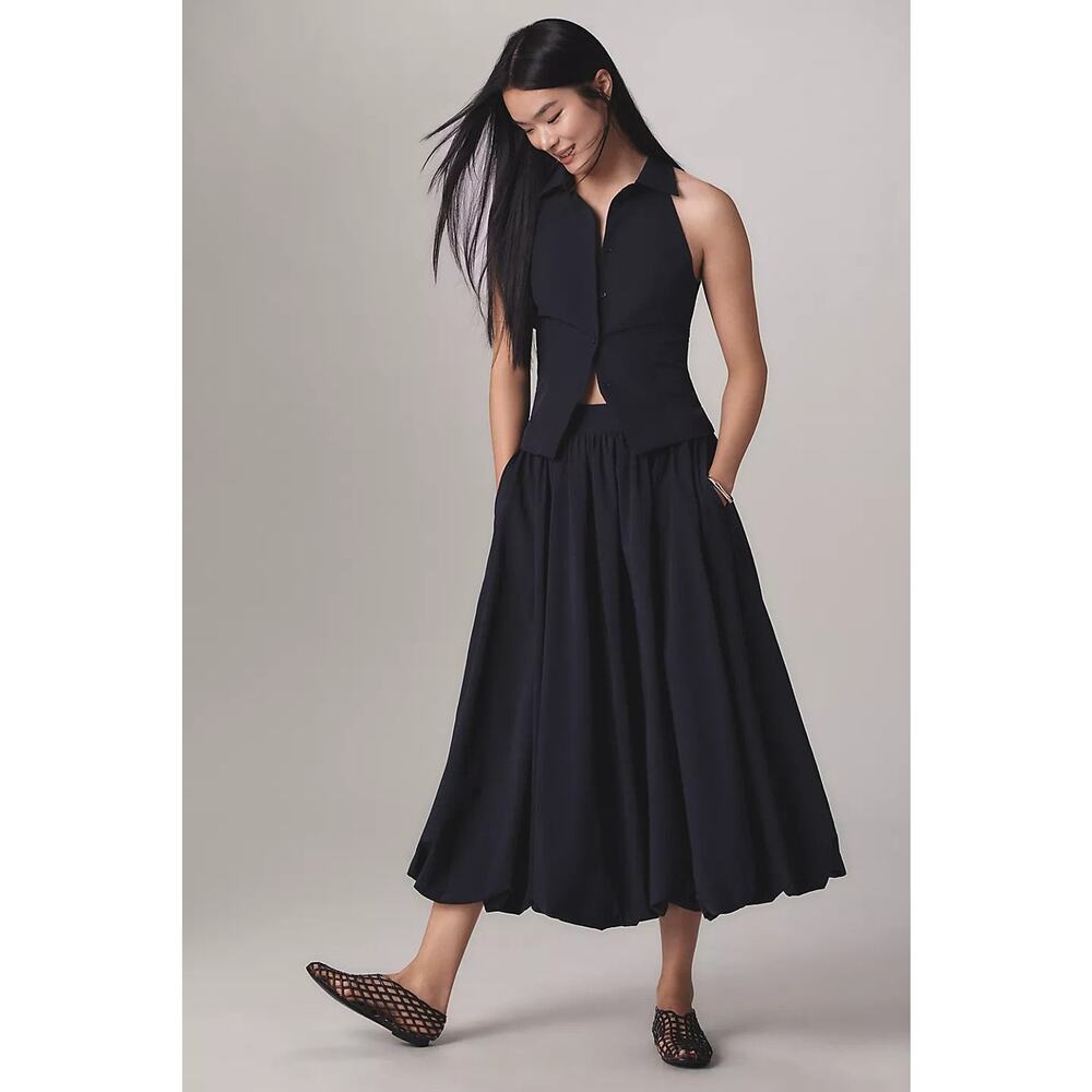 Extro&Vert Lily Bubble Hem Pull-On Midi Skirt Nav… - image 2